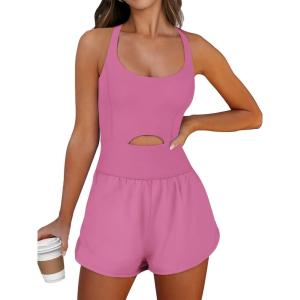 ANRABESS Women Rompers Running Exercise Workout Set One Piece Jumpsuits Gym Yoga Outfits 2025 Summer Active Wear Clothes(Hot Pink)
