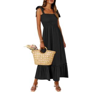 ANRABESS Women Summer Casual Strap Smocked Maxi Flowy Tiered A Line Beach Travel Sundress Wedding Guest Outfits(Black)