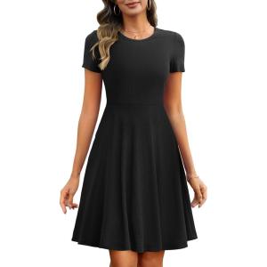 ANRABESS Women Summer Short Sleeve Ribbed Knit Fit & Flare A-Line Flowy Business Casual Work Basic Mini Dress with Pockets(Black)
