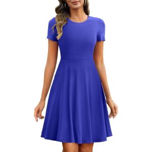 ANRABESS Women Summer Short Sleeve Ribbed Knit Fit & Flare A-Line Flowy Business Casual Work Basic Mini Dress with Pockets(Blue)