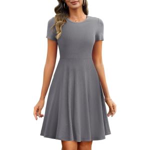 ANRABESS Women Summer Short Sleeve Ribbed Knit Fit & Flare A-Line Flowy Business Casual Work Basic Mini Dress with Pockets(Gray)