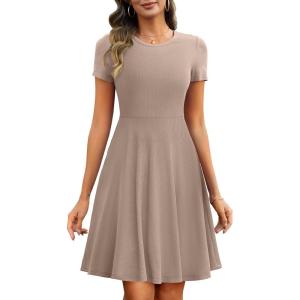 ANRABESS Women Summer Short Sleeve Ribbed Knit Fit & Flare A-Line Flowy Business Casual Work Basic Mini Dress with Pockets(Light Khaki)