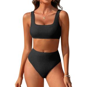 ANRABESS Women Swimsuits Two Piece Bikini Set High Waisted Ribbed Tummy Control Modest Bathing Suits 2025 Beach Swim Wear(Black)