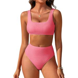 ANRABESS Women Swimsuits Two Piece Bikini Set High Waisted Ribbed Tummy Control Modest Bathing Suits 2025 Beach Swim Wear(Coral Pink)