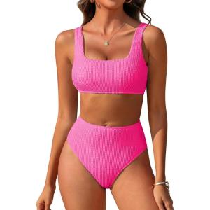 ANRABESS Women Swimsuits Two Piece Bikini Set High Waisted Ribbed Tummy Control Modest Bathing Suits 2025 Beach Swim Wear(Hot Pink)