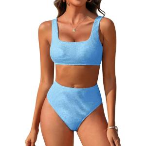 ANRABESS Women Swimsuits Two Piece Bikini Set High Waisted Ribbed Tummy Control Modest Bathing Suits 2025 Beach Swim Wear(Light Blue)