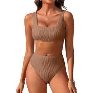 ANRABESS Women Swimsuits Two Piece Bikini Set High Waisted Ribbed Tummy Control Modest Bathing Suits 2025 Beach Swim Wear(Light Brown)