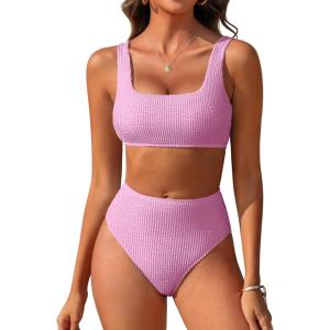ANRABESS Women Swimsuits Two Piece Bikini Set High Waisted Ribbed Tummy Control Modest Bathing Suits 2025 Beach Swim Wear(Light Pink)