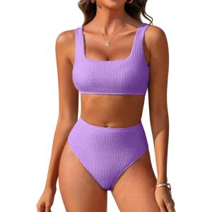 ANRABESS Women Swimsuits Two Piece Bikini Set High Waisted Ribbed Tummy Control Modest Bathing Suits 2025 Beach Swim Wear(Light Purple)
