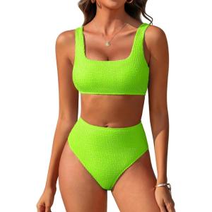 ANRABESS Women Swimsuits Two Piece Bikini Set High Waisted Ribbed Tummy Control Modest Bathing Suits 2025 Beach Swim Wear(Neon Green)