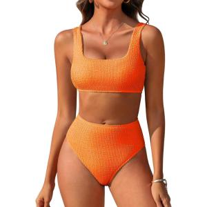 ANRABESS Women Swimsuits Two Piece Bikini Set High Waisted Ribbed Tummy Control Modest Bathing Suits 2025 Beach Swim Wear(Neon Orange)