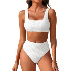 ANRABESS Women Swimsuits Two Piece Bikini Set High Waisted Ribbed Tummy Control Modest Bathing Suits 2025 Beach Swim Wear(White)