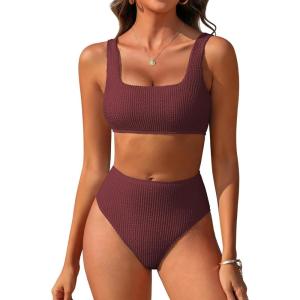 ANRABESS Women Swimsuits Two Piece Bikini Set High Waisted Ribbed Tummy Control Modest Bathing Suits 2025 Beach Swim Wear(Wine Red)