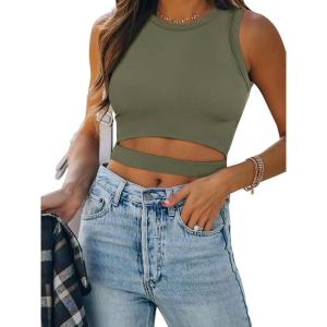 ANRABESS Women Tank Tops High Neck Sleeveless Sexy Cutout Racer Back Going Out Crop Tops Shirts Summer Y2K Outfits(Army Green)