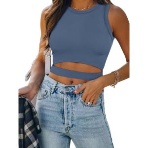 ANRABESS Women Tank Tops High Neck Sleeveless Sexy Cutout Racer Back Going Out Crop Tops Shirts Summer Y2K Outfits(Blue)
