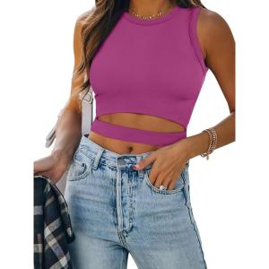 ANRABESS Women Tank Tops High Neck Sleeveless Sexy Cutout Racer Back Going Out Crop Tops Shirts Summer Y2K Outfits(Hot Pink)