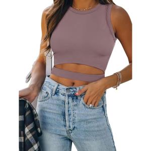 ANRABESS Women Tank Tops High Neck Sleeveless Sexy Cutout Racer Back Going Out Crop Tops Shirts Summer Y2K Outfits(Nutmeg)