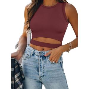 ANRABESS Women Tank Tops High Neck Sleeveless Sexy Cutout Racer Back Going Out Crop Tops Shirts Summer Y2K Outfits(Wine Red)