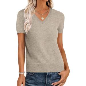ANRABESS Women Wool Blend Sweater Summer 2025 Short Sleeve V Neck Pullover Top Business Casual Outfit Beach Vacation Clothes(Almond)