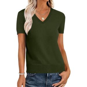 ANRABESS Women Wool Blend Sweater Summer 2025 Short Sleeve V Neck Pullover Top Business Casual Outfit Beach Vacation Clothes(Army Green)