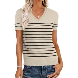 ANRABESS Women Wool Blend Sweater Summer 2025 Short Sleeve V Neck Pullover Top Business Casual Outfit Beach Vacation Clothes(Beige Black Stripe)