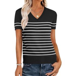 ANRABESS Women Wool Blend Sweater Summer 2025 Short Sleeve V Neck Pullover Top Business Casual Outfit Beach Vacation Clothes(Black White Stripe)