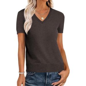 ANRABESS Women Wool Blend Sweater Summer 2025 Short Sleeve V Neck Pullover Top Business Casual Outfit Beach Vacation Clothes(Dark Brown)