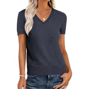 ANRABESS Women Wool Blend Sweater Summer 2025 Short Sleeve V Neck Pullover Top Business Casual Outfit Beach Vacation Clothes(Dark Gray)