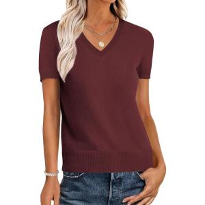 ANRABESS Women Wool Blend Sweater Summer 2025 Short Sleeve V Neck Pullover Top Business Casual Outfit Beach Vacation Clothes(Dark Red)