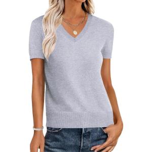 ANRABESS Women Wool Blend Sweater Summer 2025 Short Sleeve V Neck Pullover Top Business Casual Outfit Beach Vacation Clothes(Gray)