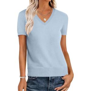 ANRABESS Women Wool Blend Sweater Summer 2025 Short Sleeve V Neck Pullover Top Business Casual Outfit Beach Vacation Clothes(Light Blue)
