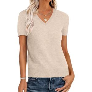 ANRABESS Women Wool Blend Sweater Summer 2025 Short Sleeve V Neck Pullover Top Business Casual Outfit Beach Vacation Clothes(Light Khaki)