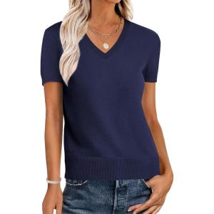 ANRABESS Women Wool Blend Sweater Summer 2025 Short Sleeve V Neck Pullover Top Business Casual Outfit Beach Vacation Clothes(Navy Blue)
