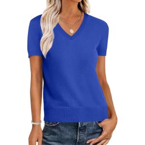 ANRABESS Women Wool Blend Sweater Summer 2025 Short Sleeve V Neck Pullover Top Business Casual Outfit Beach Vacation Clothes(Royal Blue)