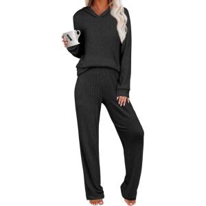 ANRABESS Women’s 2 Piece Lounge Pajama Sets Ribbed Knit Long Sleeve Hoodies Tops Matching Pants Casual Fall Sleepwear Outfits(Black)