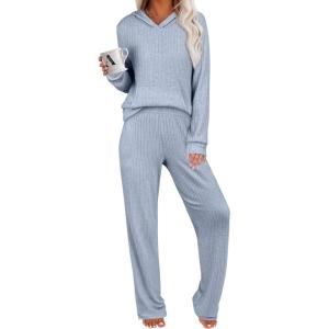 ANRABESS Women’s 2 Piece Lounge Pajama Sets Ribbed Knit Long Sleeve Hoodies Tops Matching Pants Casual Fall Sleepwear Outfits(Blue)