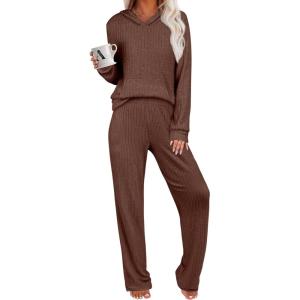 ANRABESS Women’s 2 Piece Lounge Pajama Sets Ribbed Knit Long Sleeve Hoodies Tops Matching Pants Casual Fall Sleepwear Outfits(Brown)
