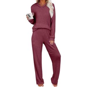 ANRABESS Women’s 2 Piece Lounge Pajama Sets Ribbed Knit Long Sleeve Hoodies Tops Matching Pants Casual Fall Sleepwear Outfits(Dark Red)