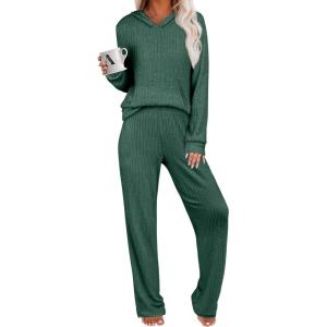 ANRABESS Women’s 2 Piece Lounge Pajama Sets Ribbed Knit Long Sleeve Hoodies Tops Matching Pants Casual Fall Sleepwear Outfits(Green)