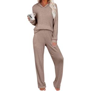 ANRABESS Women’s 2 Piece Lounge Pajama Sets Ribbed Knit Long Sleeve Hoodies Tops Matching Pants Casual Fall Sleepwear Outfits(Tan)