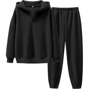 ANRABESS Womens 2 Piece Outfits Lounge Hoodie Oversized Sweatshirt V Neck Pullover Jogger Sweatpants 2025 Fall Matching Set(Black)