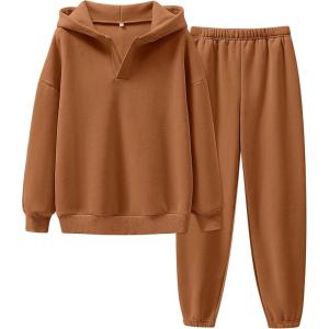 ANRABESS Womens 2 Piece Outfits Lounge Hoodie Oversized Sweatshirt V Neck Pullover Jogger Sweatpants 2025 Fall Matching Set(Caramel)