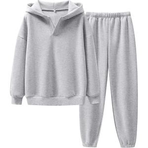 ANRABESS Womens 2 Piece Outfits Lounge Hoodie Oversized Sweatshirt V Neck Pullover Jogger Sweatpants 2025 Fall Matching Set(Grey)