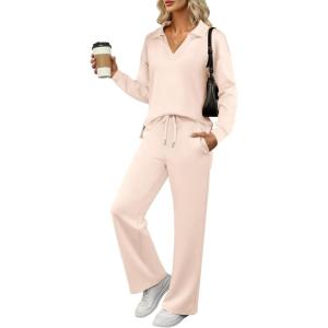 ANRABESS Women’s 2 Piece Outfits Lounge Sets Casual Long Sleeve Sweatsuits Polo Top Wide Leg Pants Fall Sweat Matching Sets(Apricot)