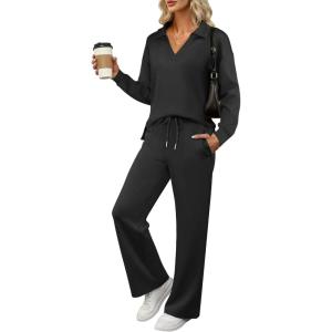 ANRABESS Women’s 2 Piece Outfits Lounge Sets Casual Long Sleeve Sweatsuits Polo Top Wide Leg Pants Fall Sweat Matching Sets(Black)