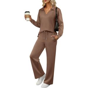 ANRABESS Women’s 2 Piece Outfits Lounge Sets Casual Long Sleeve Sweatsuits Polo Top Wide Leg Pants Fall Sweat Matching Sets(Camel)