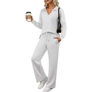 ANRABESS Women’s 2 Piece Outfits Lounge Sets Casual Long Sleeve Sweatsuits Polo Top Wide Leg Pants Fall Sweat Matching Sets(Light Grey)