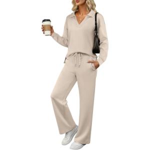 ANRABESS Women’s 2 Piece Outfits Lounge Sets Casual Long Sleeve Sweatsuits Polo Top Wide Leg Pants Fall Sweat Matching Sets(Lighter Khaki)