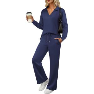 ANRABESS Women’s 2 Piece Outfits Lounge Sets Casual Long Sleeve Sweatsuits Polo Top Wide Leg Pants Fall Sweat Matching Sets(Navy Blue)