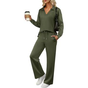 ANRABESS Women’s 2 Piece Outfits Lounge Sets Casual Long Sleeve Sweatsuits Polo Top Wide Leg Pants Fall Sweat Matching Sets(Olive)